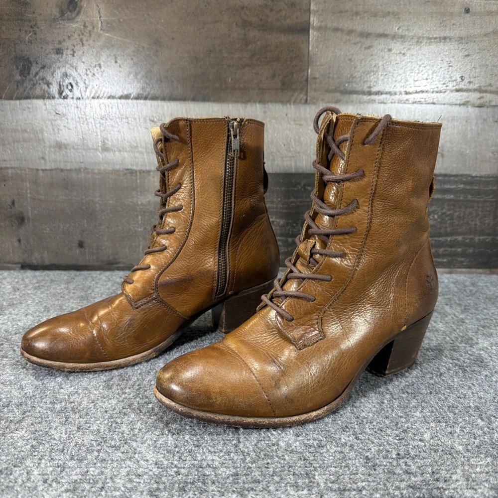 Frye Courtney Brown Leather Lace Up Vintage Booties Women's Boots EU 37.5 US 7